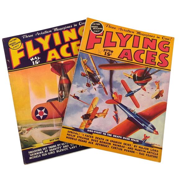 Flying Aces Magazine Lot May June 1937 Pulp Aviation Stories VTG Illustrations - Picture 1 of 12